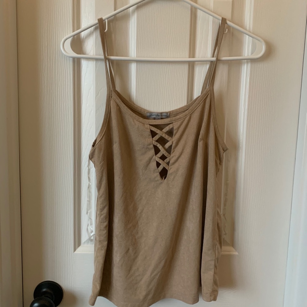 suede tan deep v tank